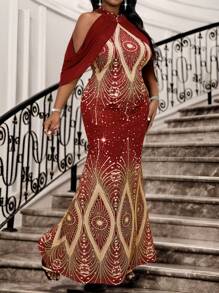 Fleurora 秋冬优雅派对婚礼酒会演唱会/音乐节彩色针织立领美人鱼撞色网眼长款无袖大码连衣裙，情人节 - 紅色 - 查看 4