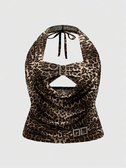 Grunge Punk Y2K Vintage sexy Leoparden-Muster Geraffter Taille Große Größen Drapierter Ausschnitt Ärmeloses Tank Top für Frauen, Große Größen