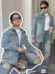 SHEIN Fashion Heavy Wash Light Blue Distressed Holey Street Style Tween Girl Denim Jacket Outerwear