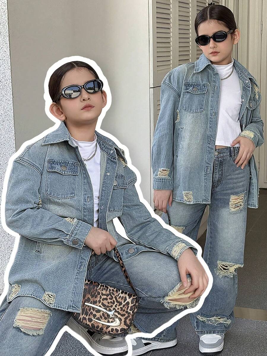 SHEIN Fashion Heavy Wash Light Blue Distressed Holey Street Style Tween Girl Denim Jacket Outerwear