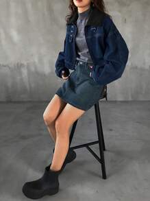 FRIFUL 女式蓝色宽松下摆短款牛仔夹克，配毛领 - 藍色 - 查看 2