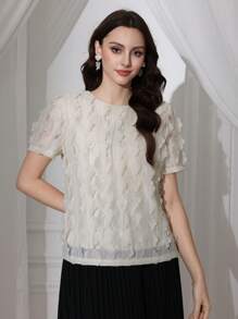 Modelyn Women Applique Decor Round Neck Loose Fit Short Sleeve Blouse - Apricot - View 5