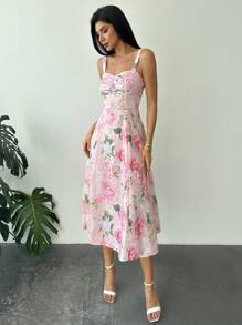 Firerie Nuevo conjunto elegante y romántico para el Día de San Valentín con top tipo camiseta rosa con estampado floral y vestido largo con abertura y cintura anudada - Rosa - Ver 7