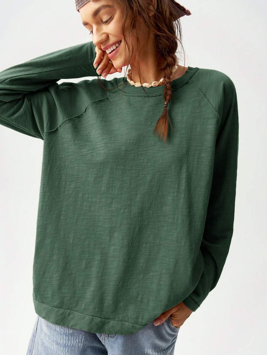 Bohemela Boho Vacation Solid Color Knit Loose Fit Raglan Long Sleeve Long Tee For Women - Green - View 1