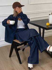 Livesso Bộ 2 món áo sơ mi và quần denim cho nữ, trang phục mùa hè tối giản và thời trang - Rửa tối - Xem 2