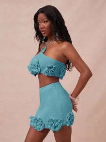 NYA SZN Knit Floral Detail Mini Skirt Summer - Blue - View 4