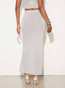 SHEIN Unity Festival Solid Color Maxi Summer Skirt Music Festival Elegant Vacation Spring Break Brunch Beach Thanksgiving Christmas NYE New Years Eve Outfits For Women - Grey - View 3