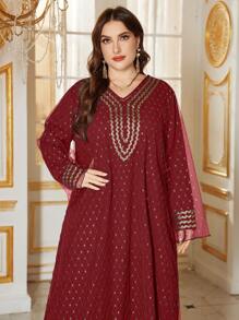 Al Najma Plus Size Women's Belted Decorative Arabic Style Dress - Red - View 3
