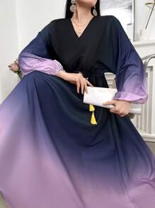 Modelyn 女士 V 领渐变色时尚长袖上衣，适合夏季 - 黑色 - 查看 3