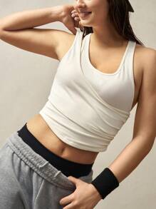 VARSIVA Minimalist Solid Color Asymmetric Neck 2 In 1 Cropped Sports Tank Top - White - View 6