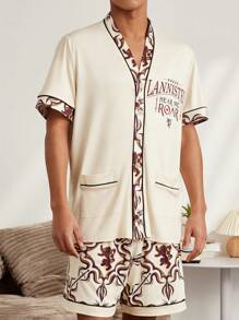 Game of Thrones X SHEIN 男士字母印花口袋短袖上衣和短裤家居服套装