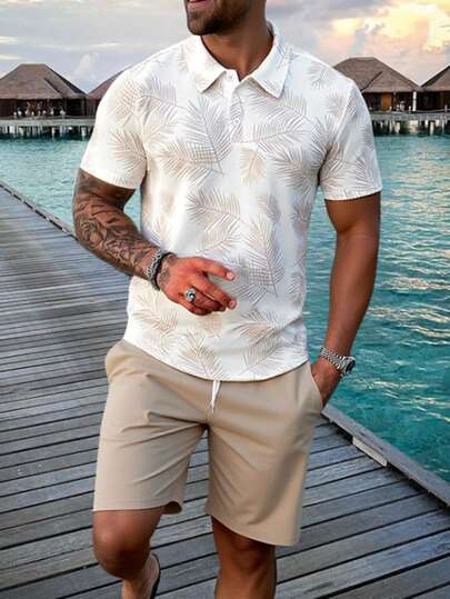 Manfinity RSRT Men's Tropical Plants Print Short Sleeve Polo Shirt And Shorts Casual Set, Cozy Outfits