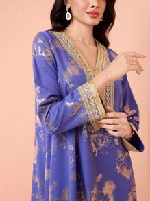 Al Najma 女士优雅网眼拼布 V 领花卉印花长袖连衣裙 - 藍色 - 查看 5