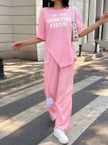 2pcs/Set Teenage Girls Casual Sports Loose Comfy Printed Embroidered Short Sleeve Outfit For Summer Casual Sports Commuting