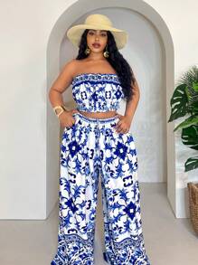 Slaydiva Conjunto de top de tirantes con volantes y pantalón de pierna ancha con cintura tipo paperbag para mujer de talla grande