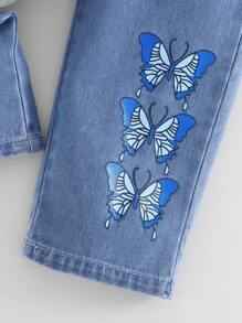 Denimly 年轻女孩休闲日常都市街头风格蓝色蝴蝶印花连帽衫和蝴蝶印花直腿牛仔裤水洗浅蓝色松紧腰围 2 件套 - 白色 - 查看 7