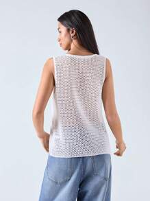 LYSMO Summer Casual Solid Color Hollow Out Knitted Sleeveless Top - White - View 2