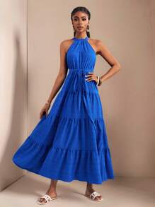 Slaydiva Beach New Spring And Summer Casual Vacation Daily Date Halter Neck Strap Back Cross Strap To Waist Bow Strap Multi-Layer Splicing Hem Klein Blue Plaid Texture Woven Fabric Women's Maxi Dress-B