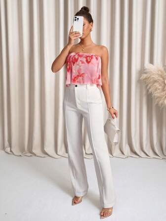 SHEIN Clasi Romantic Abstract Floral Print Form-Fitting Cropped Bandeau Top For Women Flower Top Women Summer Rave Top Concert Women Vacation Women Vacation Top Summer For Women
