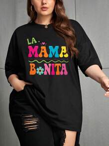 INAWLY Plus Size Women Letter Graphic Print Short Sleeve Round Neck T-Shirt