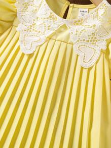 Young Girl Contrast Lace Puff Sleeve Pleated Hem A-Line Dress - Yellow - View 3