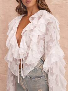 SHEIN BAE Spring/Summer Solid White Long Sleeve Tie-Front Ruffle Trim Lace Overlay Women Blouse, Holiday Shirt, Ruffle Blouse - White - View 7
