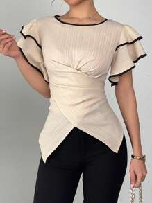 SHEIN LUNE Blusa con doble capa de manga con volantes y lazo delantero para mujeres - Caqui - Ver 3
