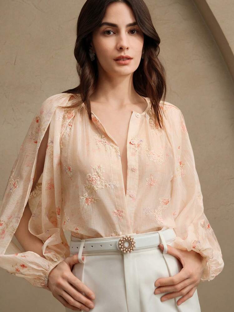 Women's Elegant Vacation Romantic Pink Embroidery Print Blouse, Business Casual