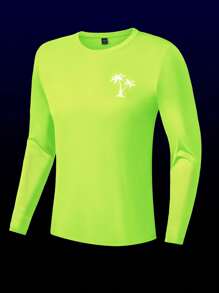 Manfinity Camiseta de manga larga con estampado de árbol de coco para surfear, hawaiana