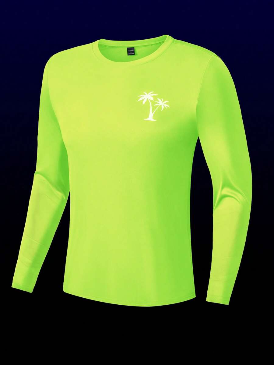 Manfinity Camiseta de manga larga con estampado de árbol de coco para surfear, hawaiana