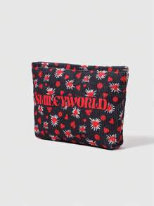 SmileyWorld® | SHEIN 心形图案天鹅绒拉链化妆包，轻便多功能内衬化妆品收纳袋 - 彩色 - 查看 2