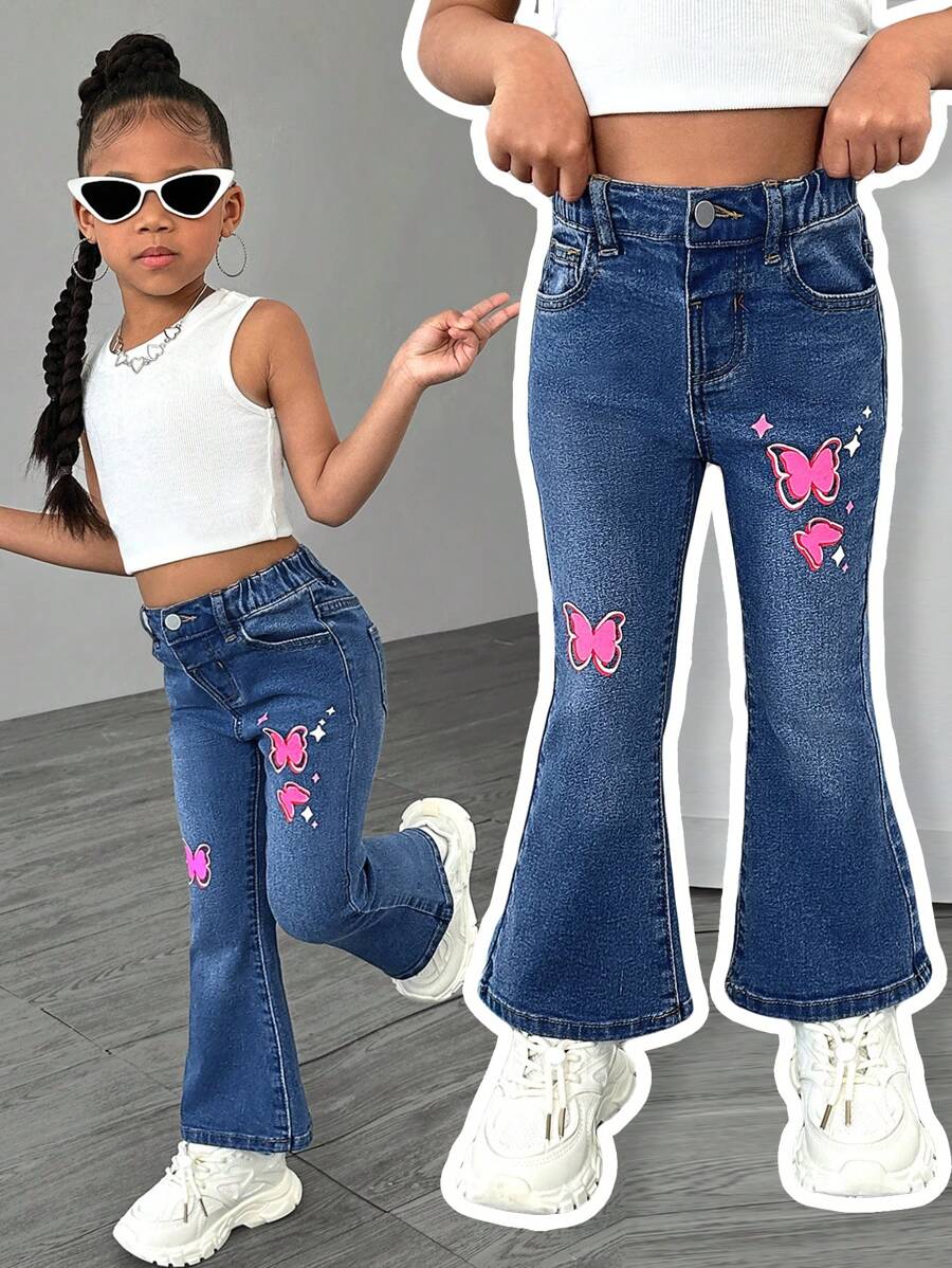 Young Girl Sweet & Cute Printed Flared Jeans - Medium Wash - View 1