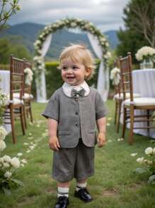 SHEIN Leap Crew 3pcs Baby Boy Solid Color Jacket With Bow Tie Collar Short Sleeve Shirt And Elastic Waist Shorts Set, Suitable For Birthday Party, Baptism, 1st Birthday Celebration, Formal Occasions, Performances, Weddings, Baby Showers - Grey - View 7