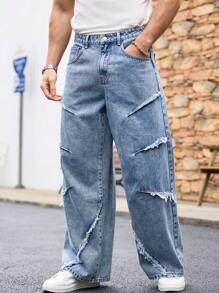 Manfinity LEGND Men's Blue Loose Wide Leg Frayed Hem Baggy Jeans