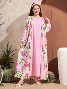 Teen Girls 2 Pieces Set: Flower Print Sleeveless Dress And Long Casual Jacket - Purple - View 3