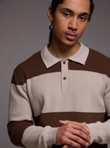 Musero 男士超大号撞色拼接条纹半纽扣门襟 Polo 领长袖毛衣秋冬装