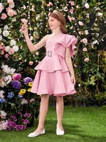 SHEIN Leap Crew Tween Girls' Elegant Asymmetrical Double Layer Ruffle Sleeve Removable Belt Dress - Dusty Pink - View 4