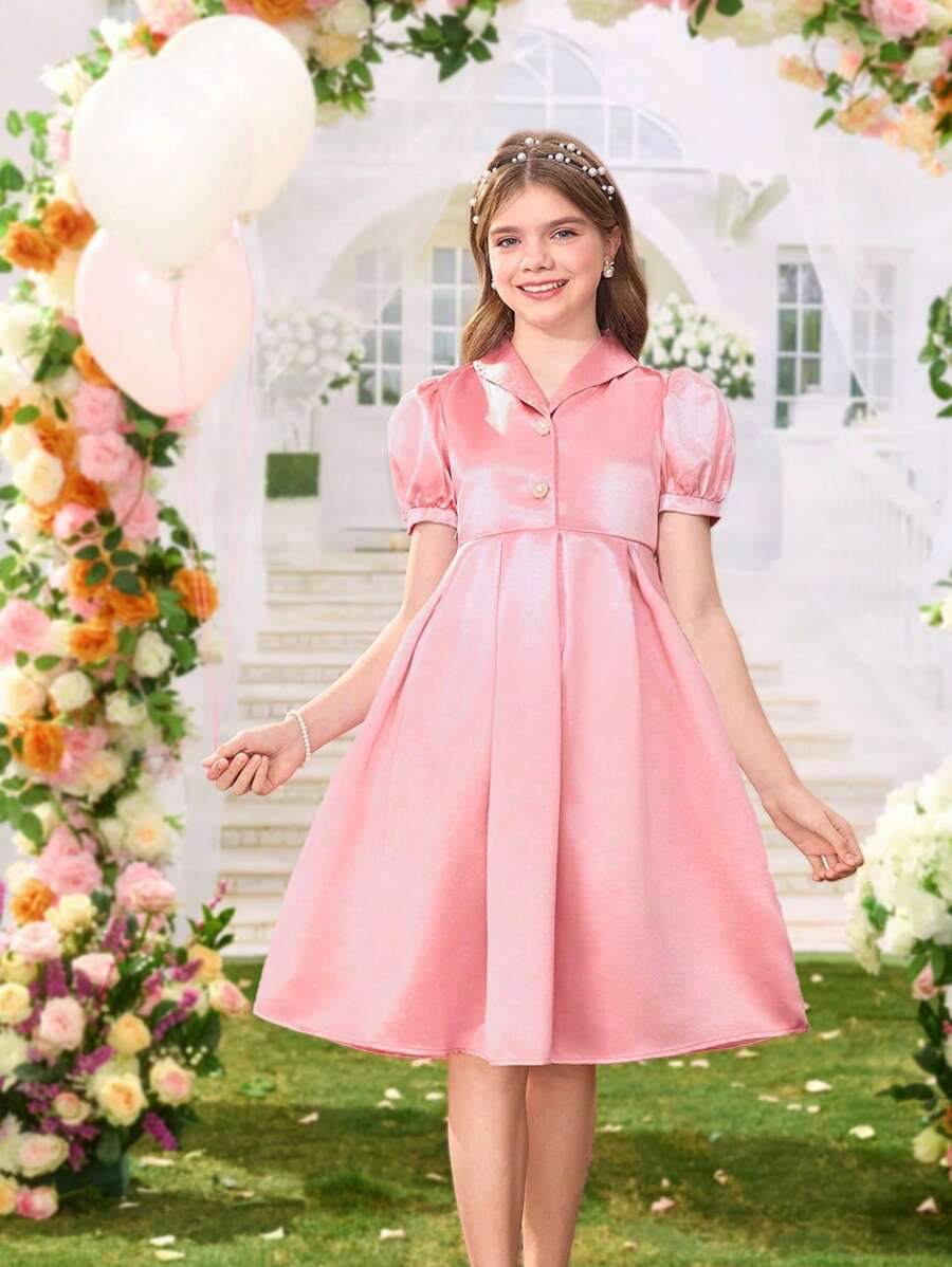 Tween 女童优雅珍珠纽扣领泡泡袖连衣裙 - 藕粉色 - 查看 1