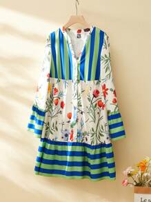 Breezaya Casual Vacation Striped Patchwork Print Short Mini Dress - Multicolor - View 1