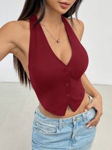 SHEIN PETITE Ladies Solid Color Sleeveless Backless Neck-Hanging Summer Top ,Petite Women - Burgundy - View 5