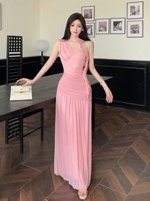 Modelyn Vestido de fiesta elegante para mujer con un hombro, pliegues, adorno de flor 3D y volantes