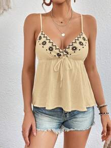 SHEIN VCAY Summer Floral Embroidery Knot Front Peplum Cami Top - Apricot - View 6
