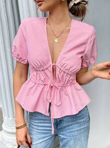 Breezaya 法式休闲度假性感蝴蝶结交叉荷叶边下摆短袖女式衬衫 - 彩色 - 查看 3