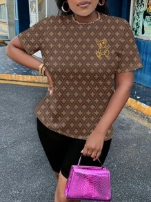 Slaydiva 2pcs/Set Plus Size Floral Cartoon Bear & Geometric Print Summer Outfit - Multicolor - View 7