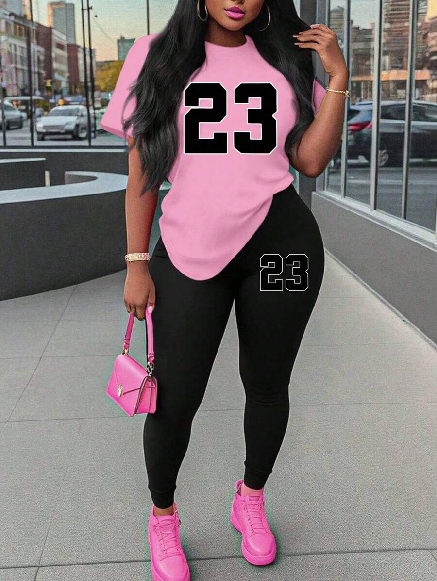 SHEIN LUNE Plus Size Numeric Print Short Sleeve & Shorts 2 Pieces Set - Pink - View 1