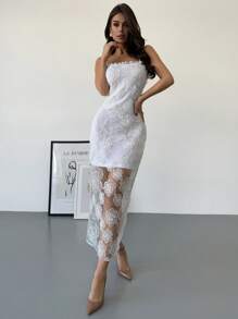 Firerie 女士优雅花卉纹理蕾丝中长连衣裙，修身无袖，适合婚礼嘉宾、派对、日常穿着、节日、春夏 - 白色 - 查看 5
