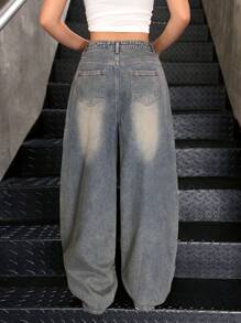 SHEIN Jeans de mezclilla holgados y casuales con estilo retro vintage Y2K para adolescentes, para looks de streetwear. Outfits bohemios de verano para adolescentes, para conciertos rave y festivales. - Azul lavado oscuro - Ver 2