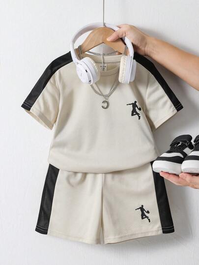 SHEIN 2-Pc Young Boys Sports Graphic Print Stitching Color Blocking Crew Neck Short Sleeve T-Shirt & Shorts Summer Outfit Set