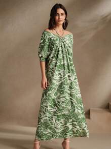 Anewsta 绿色植物与花卉印花宽松露背连衣裙，优雅且适合海滩、节日、外出、女性度假 - 綠色 - 查看 7
