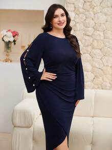 Modelyn Plus Size Solid Color Long Sleeve Dress, Simple & Fashionable, Suitable For Summer - Navy Blue - View 4